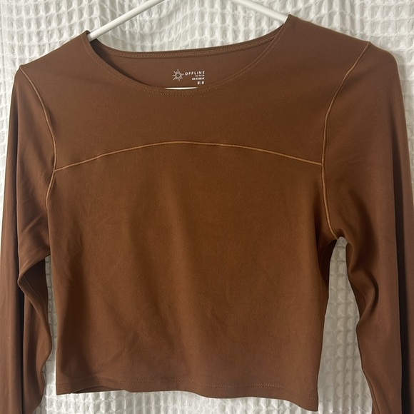 Aerie Offline Brown Real Me‎ Long Sleeve Cutout Back Crop Athletic Top size M - Picture 1 of 7